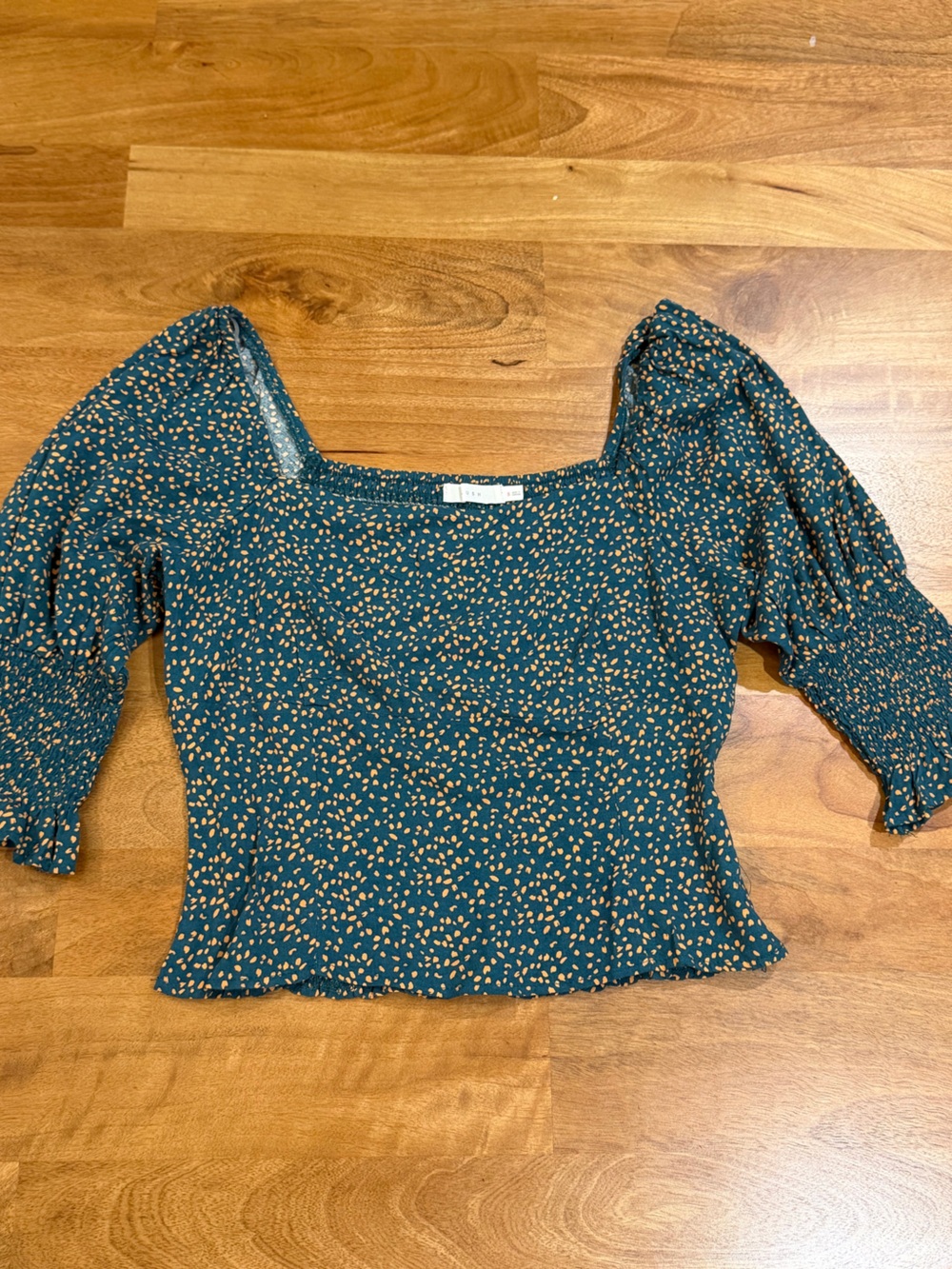 Lush Puff Sleeve Crop Top w/ Smocked Back in Teal & Mustard Dot Print Size Small